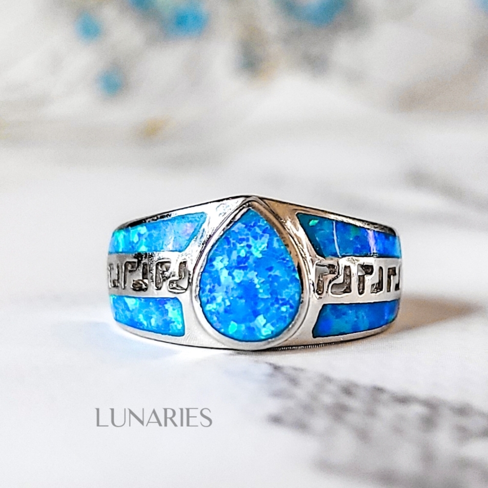 925 Sterling Silver Blue Inlay Pear-Cut Opal Statement Ring Band, Greek